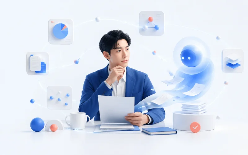 AIが情報整理を支え、人が考えて判断する働き方のイメージ