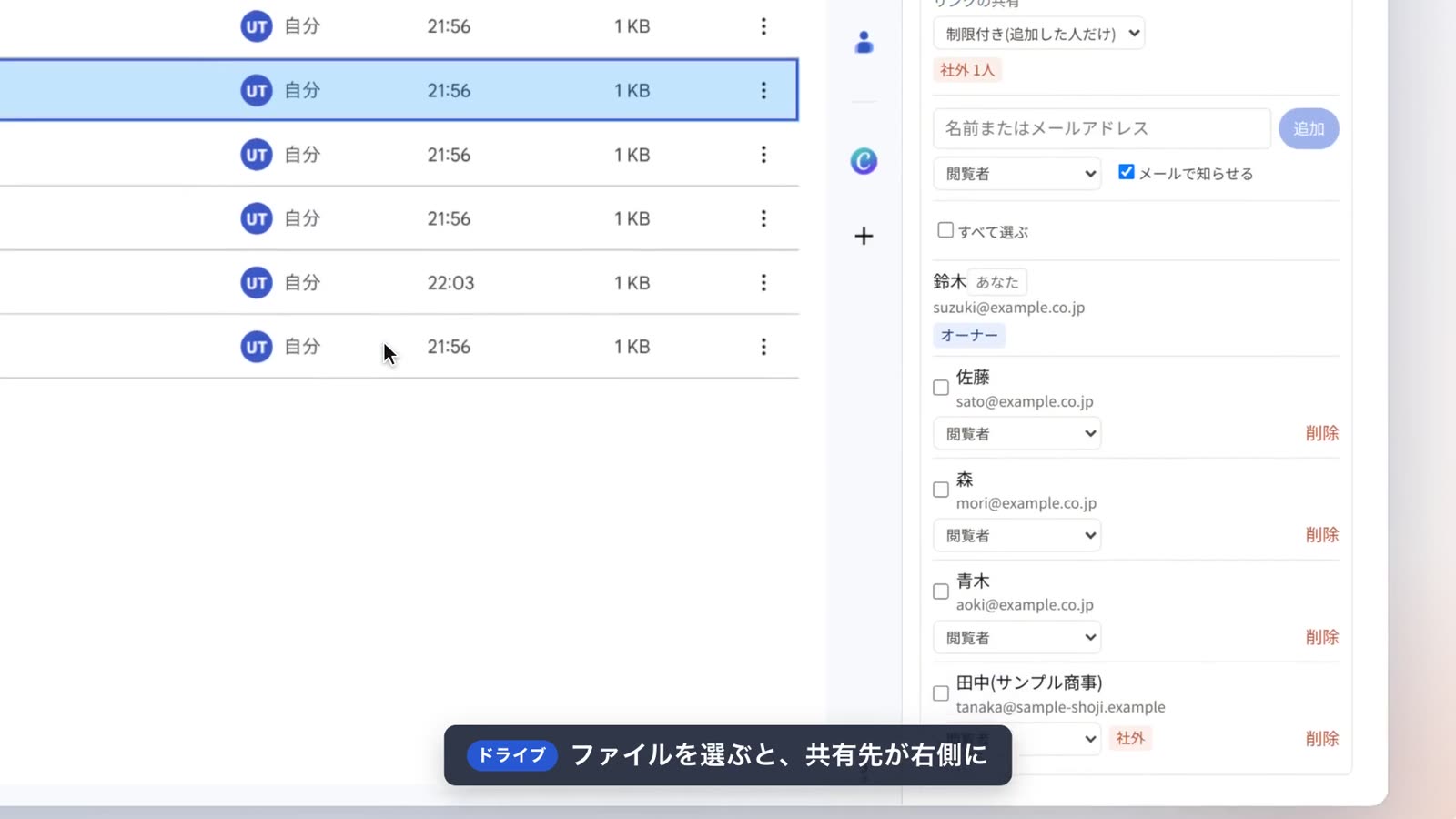 ドライブで選んだファイルの共有先と権限が、右側のパネルに並ぶ