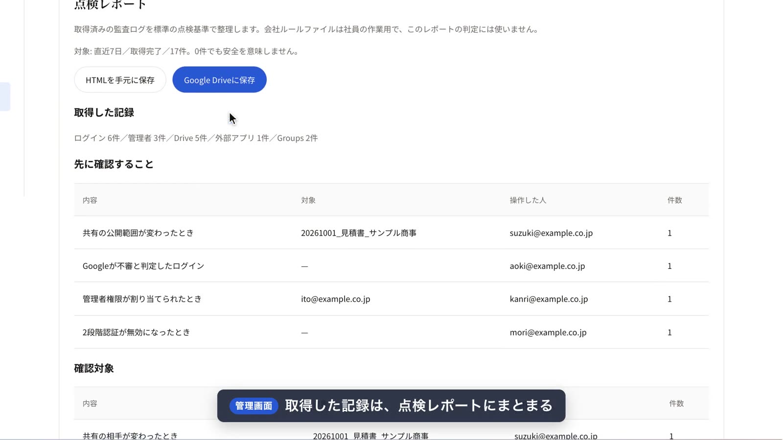 取得した記録は、点検レポートの「先に確認すること」「確認対象」にまとまる